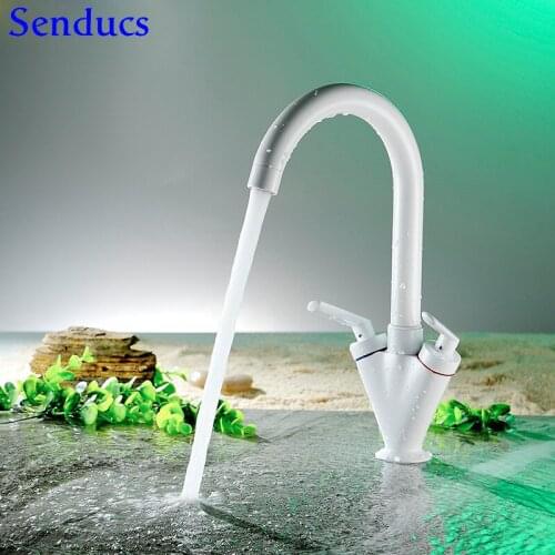 Senducs White Kitchen Sink Faucet with Fashion Dual Handle White Bathroom Basin Sink Faucet Quality Brass White Kitchen Faucet