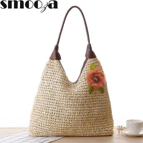 SMOOZA Women Shoulder Handbags Flower PU Handle One-Shoulder Straw Bags 2021 New Large Capacity Woven Bags Beach Casual Bags