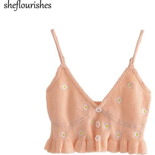 Sexy v neck crop top women summer sleeveless tops knit floral embroidered top ruffle backless top pink purple tanks camis kawaii