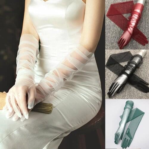 Tulle Gloves Long Sheer Ultra Thin Wedding Bride Dress Glove Solid Color Transparent Mitten Sunscreen Vintage Long Gloves Summer