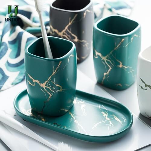 UNTIOR 320ML Marbling Ceramic Soap Dispenser Mouthwash Cup Tray Set Pressing Style Soap Lotion Bottle Bathroom Accessoriess
