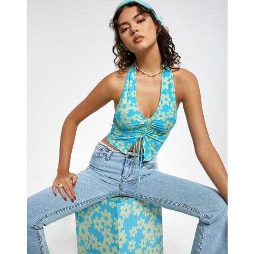 Vrouwen Sexy Backless Halter Crop Tops Vrouwelijke Zomer Bloemenprint V-hals Trekkoord Vest Blauw