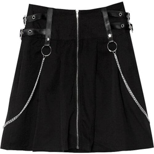 Punk Fashion Skirt Women Metal Chains Pleated Skirt Dark Street Gothic Ins Style Skirt Femme Party Skirt