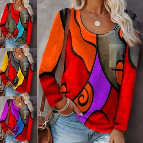 Vintage T Shirt Tops Women Long Sleeve Autumn O-neck T-Shirts Casual Graphic Harajuku Plus Size Elegant Pullover Casual Tops