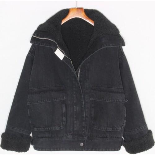 Winter Loose Coat Lambswool Liner Denim Jacket Women Korean Thick Warm Black Big Pocket Jeans Jacket Chaqueta Mujer Coat Female