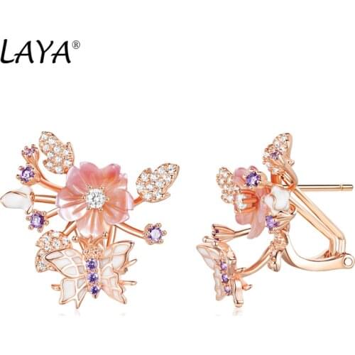 Laya Earrings For Women High Quality Zircon Natural Shell Flower Butterfly Enamel 925 Sterling Silver Anillos Fashion Jewelry