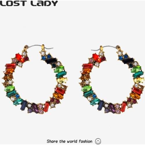 Lost Lady Fashion Rainbow Colorful Crystal Hoop Earrings Statement Charm Earrings for Women Party Jewelry Gifts Wholesale