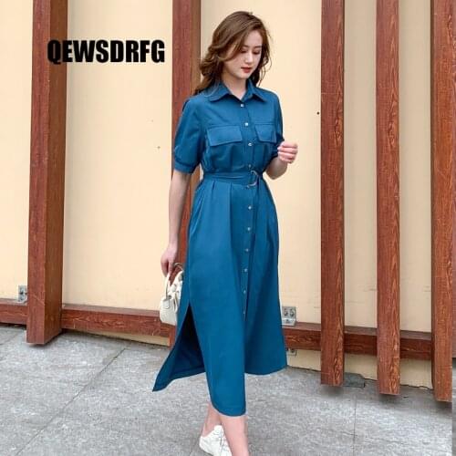 2021 Summer Casual Sashes Women Maxi Dress Turn Down Collar Loose Patchwork Button Up Pocket Ladies Shirt Dresses Robe Vestidos