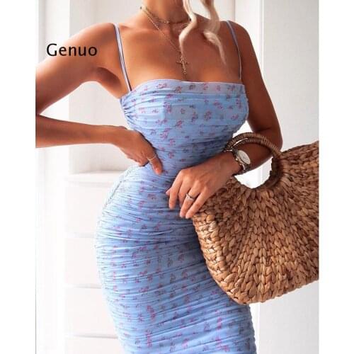 Mesh Women Dress Summer 2020 Spaghetti Straps Knee-length Elegant Dress Slim Fit Floral Print Ruched Dresses Blue