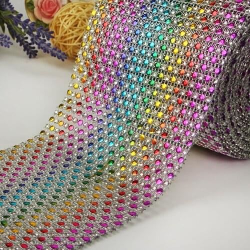 ZOTOONE 10Yard 24Rows Glue on Rainbow Rhinestone Mesh Crystal Trim Plastic Base Sew on For DIY Craft Jewelry Wedding Decoration