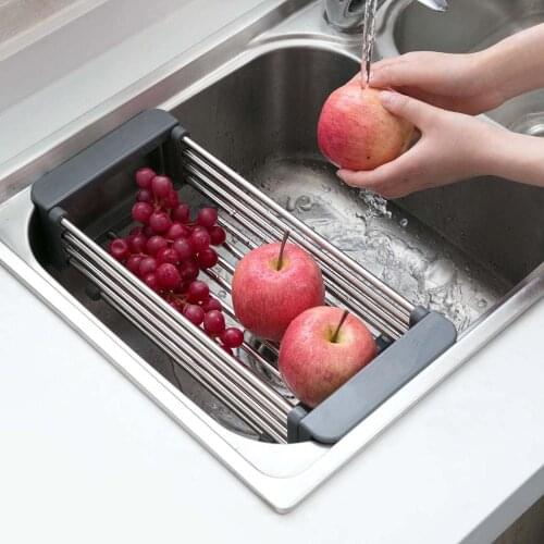 38.5-60CM Telescopic Stainless Steel Kitchen Over Sink Dishes Drying Rack Fruit Vegetable Tray Drainer Organizer