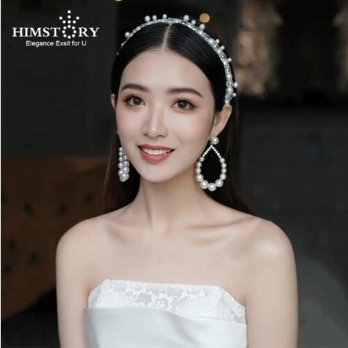 HIMSTORY New Rhinestone Crystal Pearls Tiara Headband Princess Bridal Wedding Dressing Crown Accessory Women Jewelries
