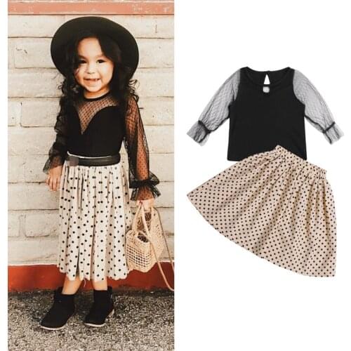 FOCUSNORM 1-6Y Fashion Kids Girls Clothes Sets Mesh Lace Long Sleeve T Shirts Polka Dot Printed A-Line Skirts 2pcs
