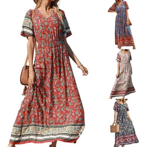 Summer Dress Floral Pattern Loose Female V-neck High Waist Dress Ladies Casual Loose Maxi Sundress Vestidos Plus Size vestidos