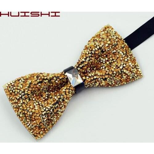 HUISHI Mens Fashion Adjustable Shinning Rhinestone Gold Bow Tie Party Diamond Wedding Business Luxurious Neck Gold Bow Tie