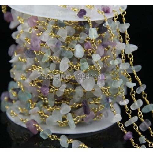 Natural Frosted Matted Fluorite Chips Beaded Chain, Wire Wrapped Chip Beads DIY Chain