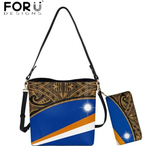 FORUDESIGNS New Fashion Women Bucket Bag And Purse 2pcs Set Marshall Island Polynesian Tribal Pattern Print Casual Crossbody Sac