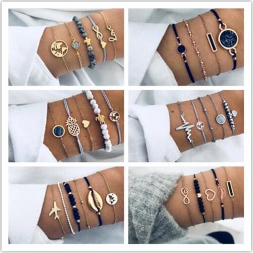 Wholesale Multi Styles Bohemian Bracelet Set For women Shell Star Map Lotus Pineapple Heart Crystal Charm Bangle Boho Jewelry