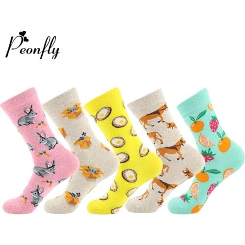 PEONFLY New 2020 Spring Womens Socks Cotton Colorful Cartoon Cute Rabbit Cat Funny Happy Kawaii Socks For Girl Christmas Gift