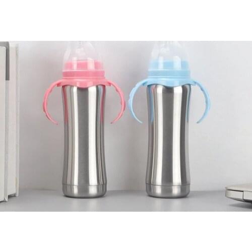 Popular Silver 8oz Sippy Cup With Handle Straw Milk Bottle Stainless Steel Vacuum Eco-Friendly Tumbler For Newborn Gift