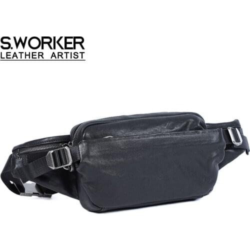 S.WORKER Genuine Leather Mens Chest Bag Casual Shoulder Bag Cross body Bag Small Cowhide Fashion Mobile Phone Bag Women