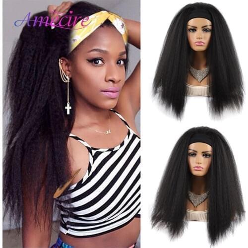 Synthetic Headband Wig Long Yaki Straight Wigs For Black Women Easy to Wear Kinky Straight Wig With Headband Daily Party Use