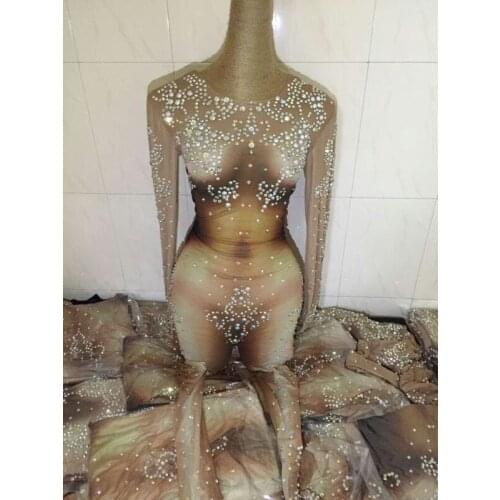 Bright Crystal Skinny Jumpsuit Stretch Womens Dance Costume Stage Show Performance Nightclub Rhinestone Singer Leotard