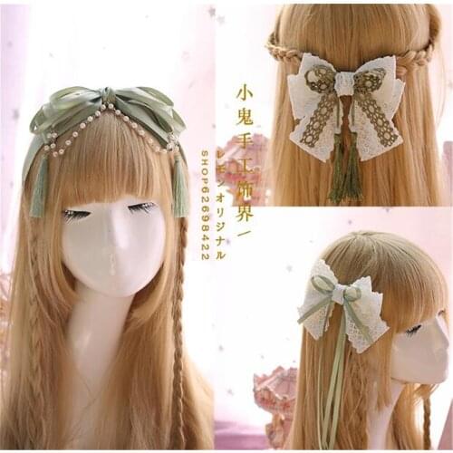 Mori girl Lolita Lace Trim KC hair pin Bow Handwork Hair Accessories Headwear Womens Headdress B465