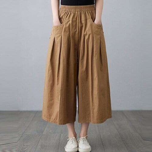 Women Casual Cotton Wide Leg Pants New 2021 Summer Style Solid Color Loose Female Calf-length Elastic Waist Pockets Trousers