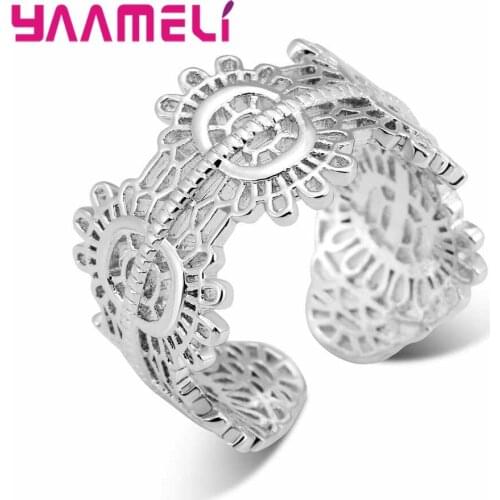 YAAMELI925 Sterling Silver Wedding Rings Women Party Gift Fashion Lady Jewelry Simple Hollow Flower Open Adjustable Size