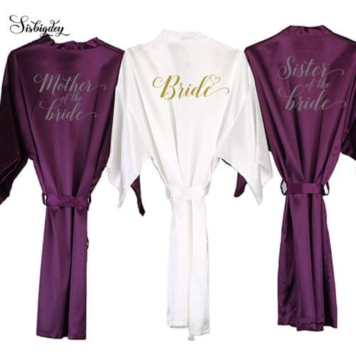 Sisbigdey royal purple robe mother of the bride robes grey writing women wedding Bride kimono bridesmaid satin robe drop shippi