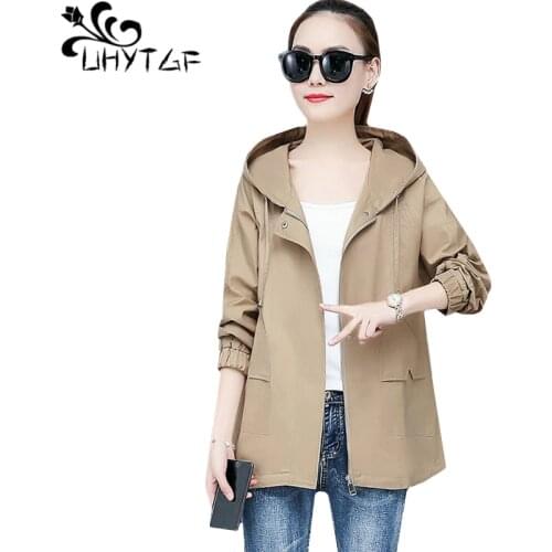UHYTGF Women clothes 2019 Spring autumn trench coat Loose 4XL plus size top Feminine fashion Hooded casual short windbreaker 942