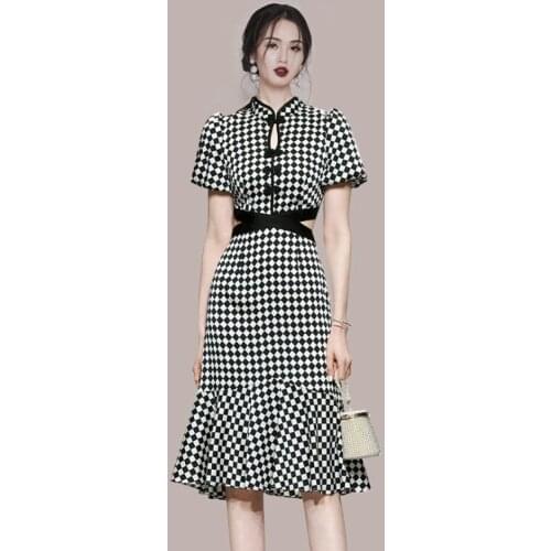 S-XL plus size summer korean temperament plaid o-neck slim high waist bag hips dress women fashion office lady clothes