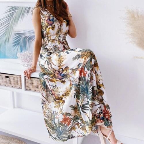 Women Tie-Up Backless Party Beach Dress Sexy V Neck Bohemia Long Dresses Summer Elegant Print Sleeveless Lady Maxi Dress