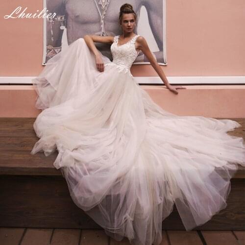 Lhuilier Womens A Line V Neck Tulle Wedding Dresses Sleeveless Floor Length Backless Boho Bridal Gowns with Court Train
