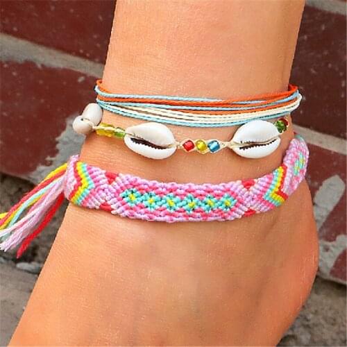 3pcs/set New Bohemia Anklet Set Handmade Rope Cotton Flower Bracelets Shell bead MIX Rope VSCO Jewelry For Girl Women 2685