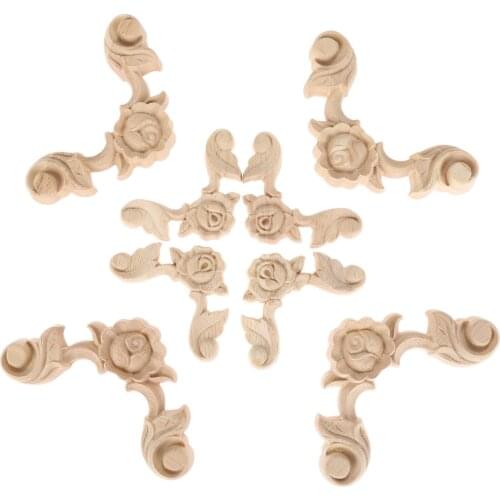 4Pcs 6cm/10cm Unpainted Wooden Carved Decal Corner Woodcarving Onlay Applique Flower Furniture Cabinet Box Door Frame Decoration