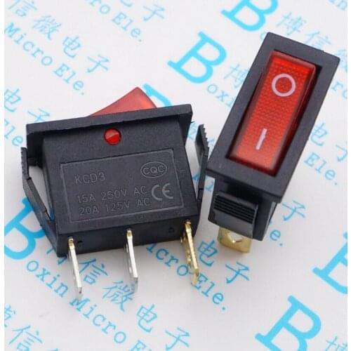 5PCS/Lot The ultra-thin KCD3 electric cooker switch rocker switch 3pin boat switch 15A with light red