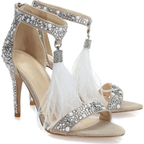 KALMALL Summer Zip Tassel Sandalias Rhinestone Pearls Studded Sexy High Heels Bridal Wedding Shoes Fluffy Feather Fringe Sandals