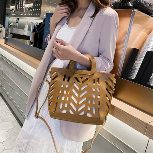 Brand Large Capacity Hollow Out Beach Bag Elegant Woman Handbags Two-Piece Openwork Bag Solid Color PU Leather Shoulder Bag