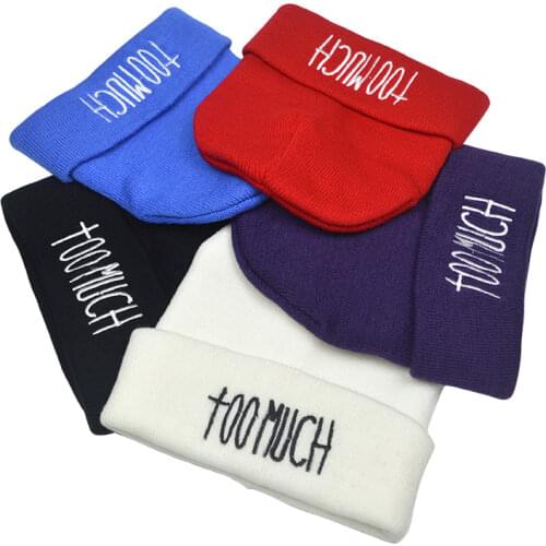 Unisex Adult Embroidery Winter Warm Knitted Hat Women Ski Cap too much Letter Hip Hop Beanies for Men