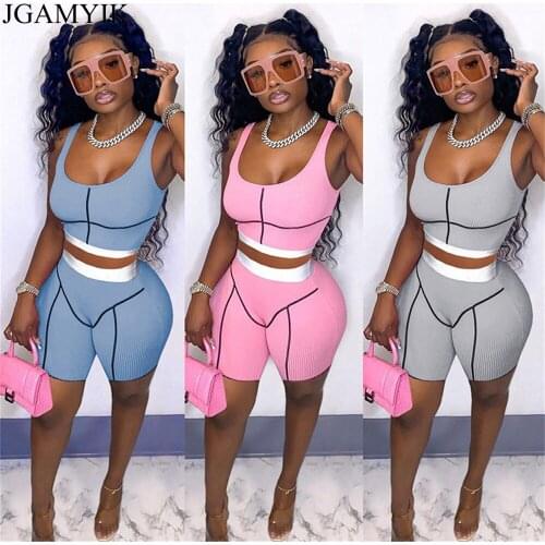 JGAMYIK Patchwork Two Piece Set Sleeveless Crop Top High Waist Shorts Summer Clothes Vacation Outfits Bodycon Tracksuit