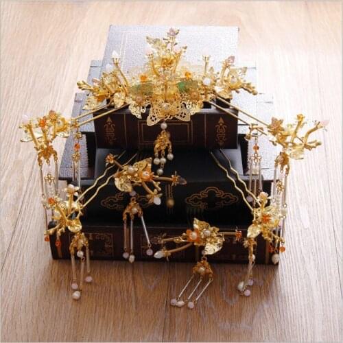Chinese tassel wedding bouquet chinese Phoenix crown hairpin hairsitck sets wedding hair ornaments