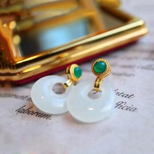 Natural Jade Classical Retro Long Elegant White Jade Circle Ear Studs Court Earrings Elegant High-End Earrings Retro Women