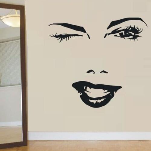 Beautiful Woman Face Wall Sticker Eyelash Eye Winks Lips Wall Decal Girl Lashes and Brows Wall Mural Beauty Salon Decor AY882