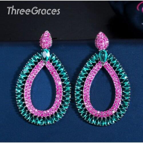 ThreeGraces Hot Fuchsia Blue Big Dangle Pear Shape Earrings Full Pave Cubic Zirconia Crystal Trendy Costume Party Jewelry ER427