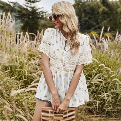 Fashionable Women Lace-Up Commute Loose Shirts Round Neck Floral Print Short Sleeve Shirt Pullovers Top Lady Clothes