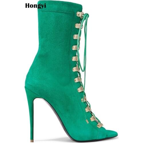 Hongyi New Design Women Suede Lace Up Boots Green Black Open Toe High Heels Shoes Spring Autumn Woman Ankle Boots Size