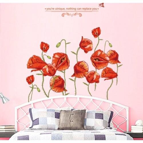 New Red Flower Wall Stickers Living Room Bedroom Home Decor Aesthetic Removable Art Flower Wall Decals Waterproof Vinyl Mural