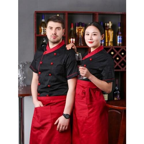 Unisex Casual Soft Chef Jackets Short Sleeve Oblique Collar Double Breasted Kitchen Catering Restaurant Food Serive Work Uniform